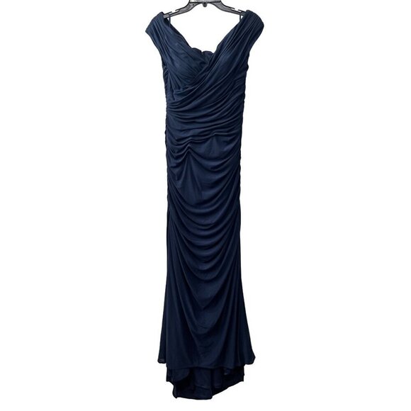 New LA FEMME Size 12 Ruched Jersey Column Gown Navy Blue - Picture 1 of 12